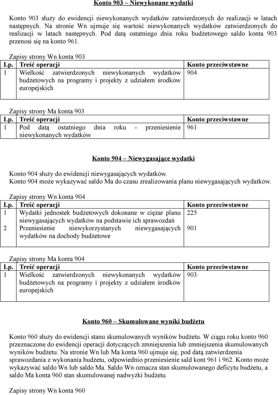 Zapisy strony Wn konta 90 Wielkość zatwierdzonych niewykonanych wydatków budżetowych na programy i projekty z udziałem środków europejskich 904 Zapisy strony Ma konta 90 Pod datą ostatniego dnia roku