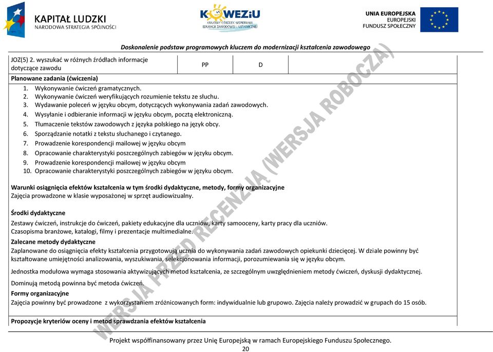 Wysyłanie i odbieranie informacji w języku obcym, pocztą elektroniczną. 5. Tłumaczenie tekstów zawodowych z języka polskiego na język obcy. 6. Sporządzanie notatki z tekstu słuchanego i czytanego. 7.