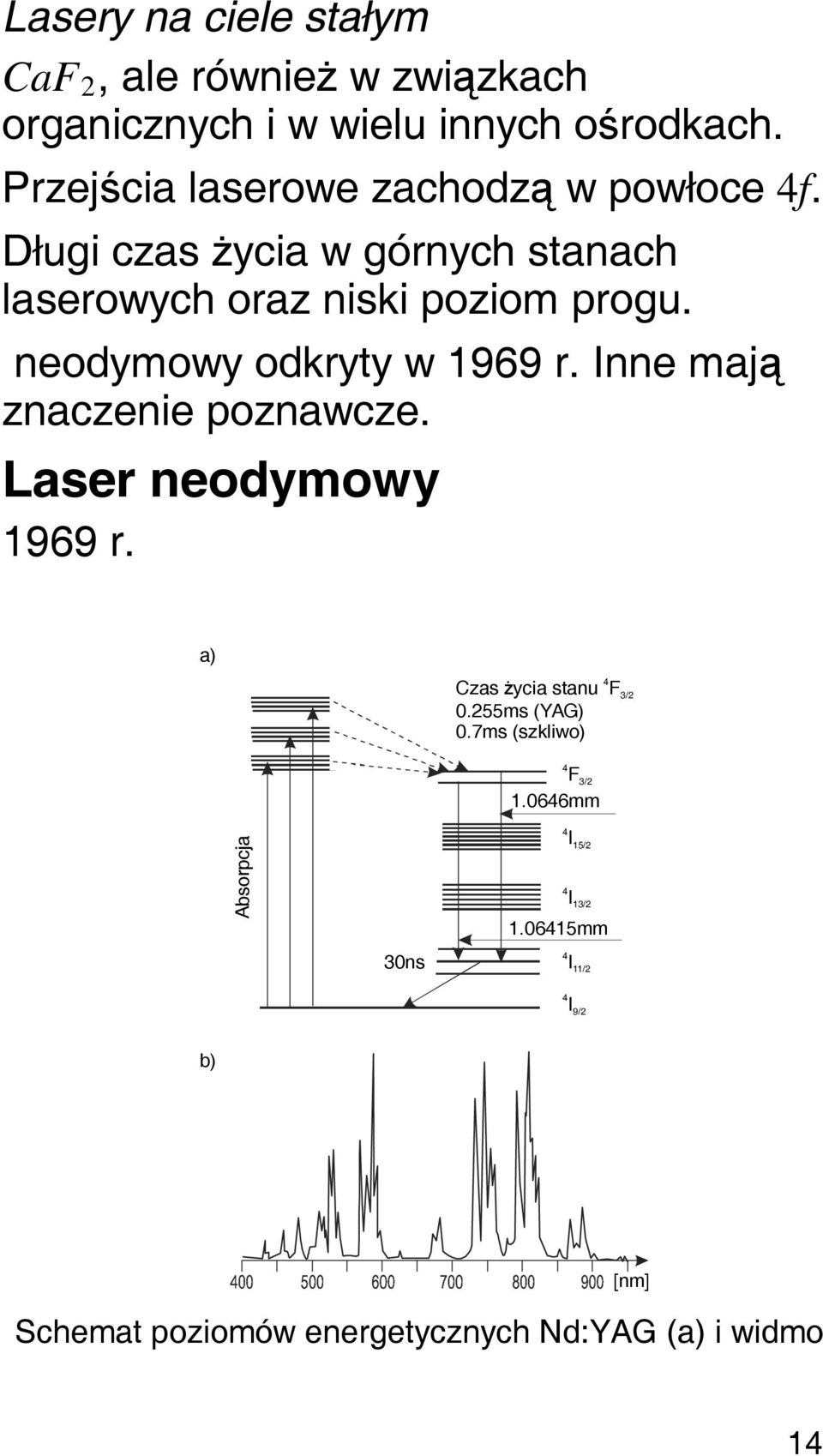 Inne mają znaczenie poznawcze. Laser neodymowy 1969 r. a) Czas życia stanu 0.255ms (YAG) 0.