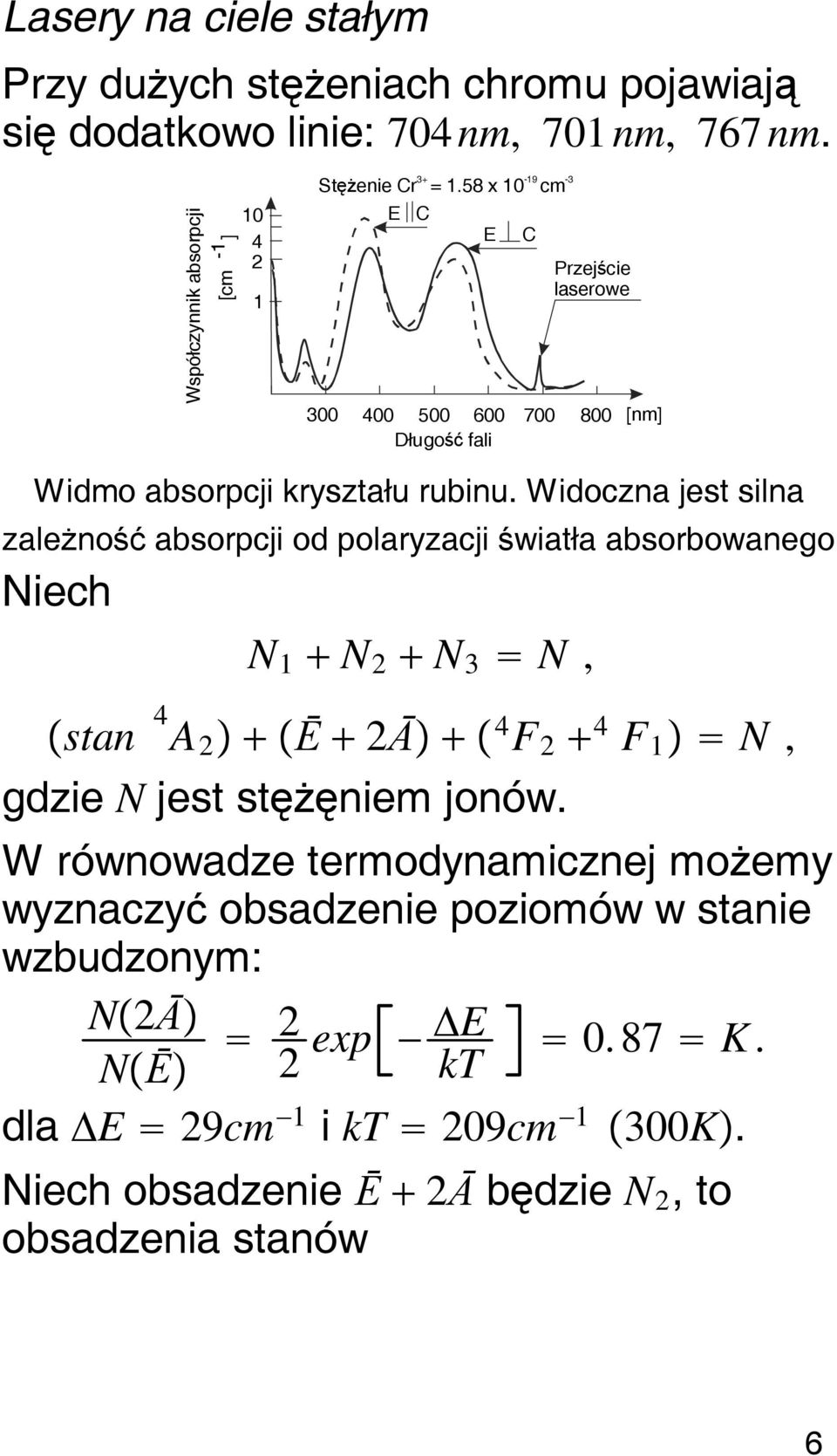 Widoczna jest silna zależność absorpcji od polaryzacji światła absorbowanego Niech N 1 N 2 N 3 N, stan 4 A 2 Ē 2Ā 4 F 2 4 F 1 N, gdzie N jest stężęniem jonów.