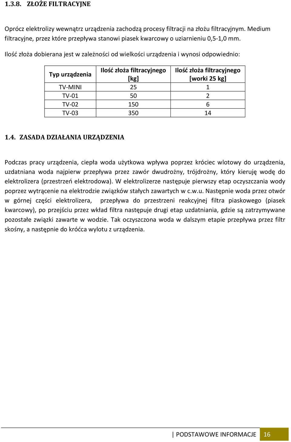 Ilość złoża dobierana jest w zależności od wielkości urządzenia i wynosi odpowiednio: Typ urządzenia Ilość złoża filtracyjnego Ilość złoża filtracyjnego [kg] [worki 25 kg] TV-MINI 25 1 TV-01 50 2