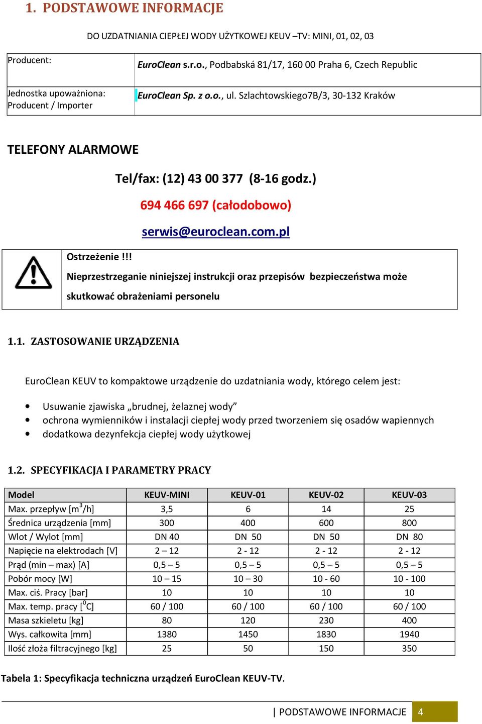 !! Nieprzestrzeganie niniejszej instrukcji oraz przepisów bezpieczeństwa może skutkować obrażeniami personelu 1.