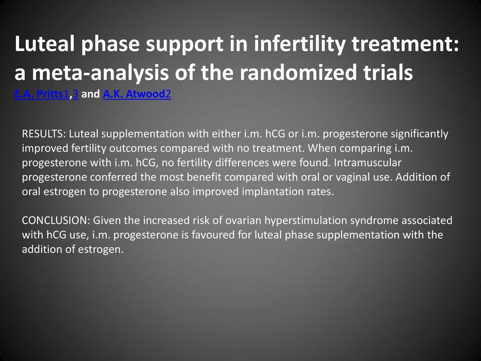 Intramuscular progesterone conferred the most benefit compared with oral or vaginal use. Addition of oral estrogen to progesterone also improved implantation rates.