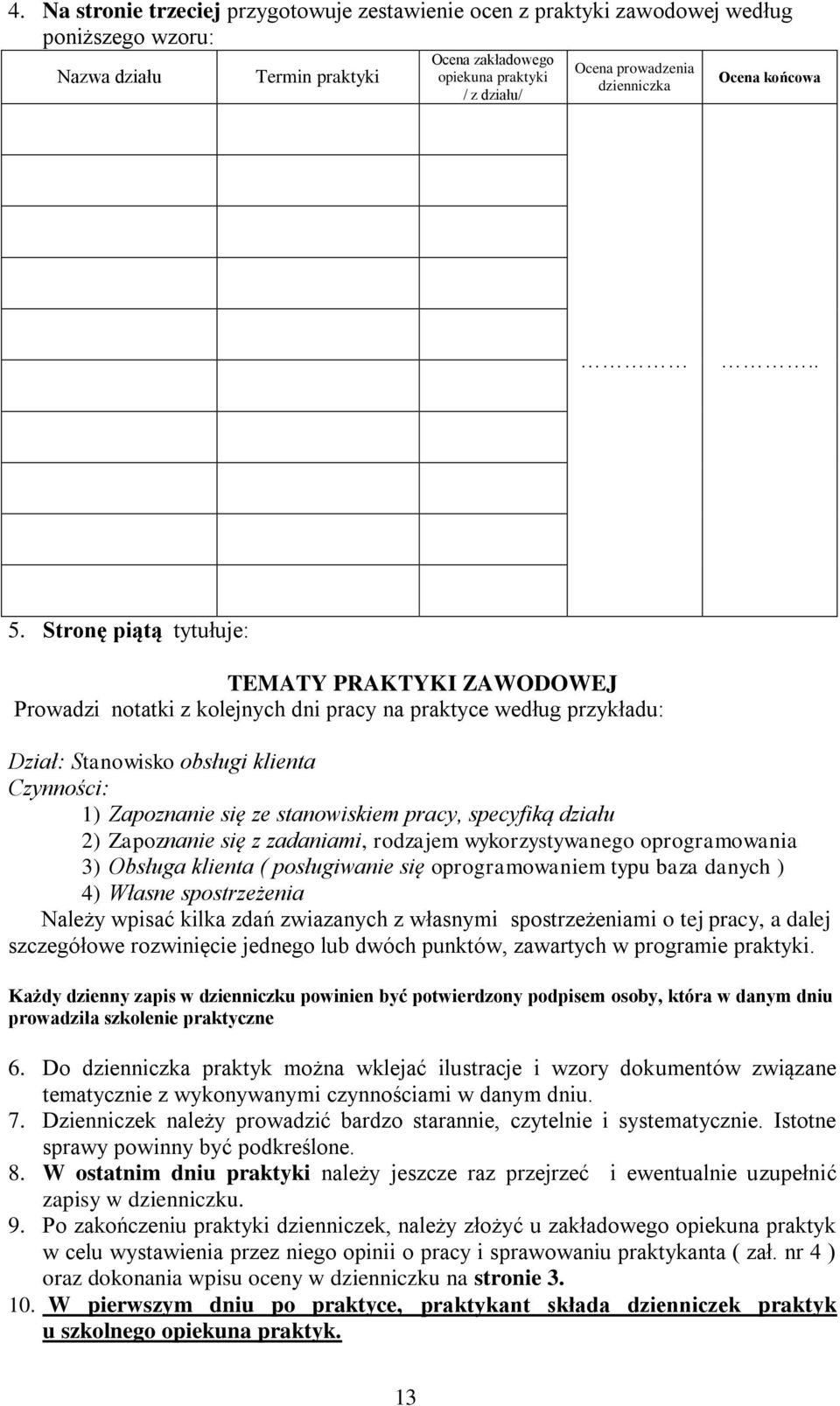 Stronę piątą tytułuje: TEMATY PRAKTYKI ZAWODOWEJ Prowadzi notatki z kolejnych dni pracy na praktyce według przykładu: Dział: Stanowisko obsługi klienta Czynności: 1) Zapoznanie się ze stanowiskiem