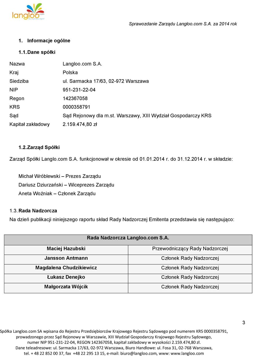 do 31.12.2014 r. w składzie: Michał Wróblewski Prezes Zarządu Dariusz Dziurzański Wiceprezes Zarządu Aneta Woźniak Członek Zarządu 1.3. Rada Nadzorcza Na dzień publikacji niniejszego raportu skład Rady Nadzorczej Emitenta przedstawia się następująco: Rada Nadzorcza Langloo.