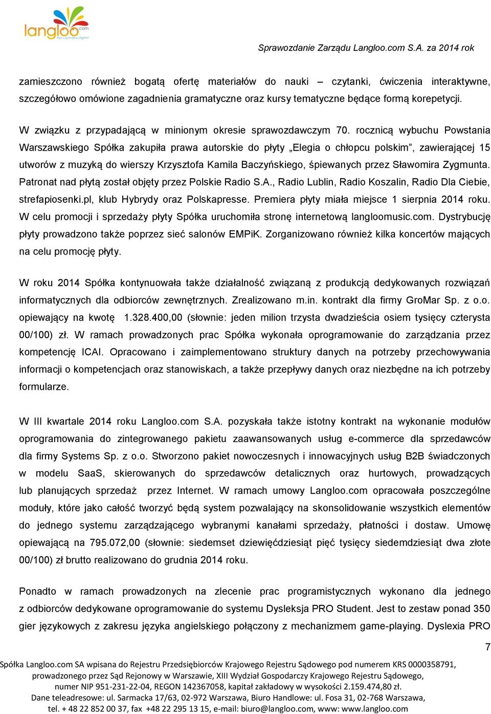 rocznicą wybuchu Powstania Warszawskiego Spółka zakupiła prawa autorskie do płyty Elegia o chłopcu polskim, zawierającej 15 utworów z muzyką do wierszy Krzysztofa Kamila Baczyńskiego, śpiewanych