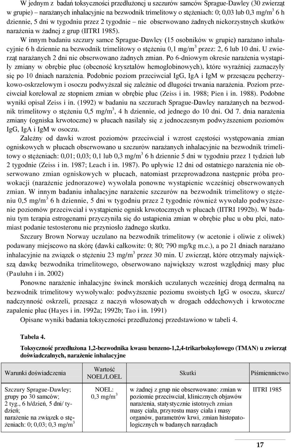 W innym badaniu szczury samce Sprague-Dawley (15 osobników w grupie) narażano inhalacyjnie 6 h dziennie na bezwodnik trimelitowy o stężeniu 0,1 mg/m 3 przez: 2, 6 lub 10 dni.