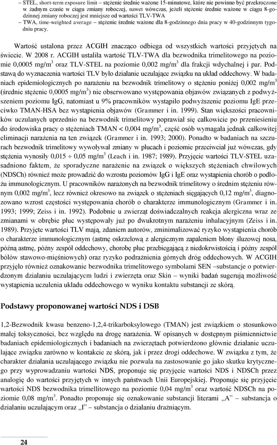 Wartość ustalona przez ACGIH znacząco odbiega od wszystkich wartości przyjętych na świecie. W 2008 r.