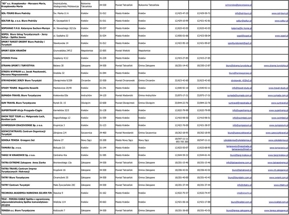 Szczepański 5 Kraków 31-011 Miasto Kraków Kraków 12/429-10-99 12/421-42-81 soltur@soltur.pl www.soltur.pl SOPIANAE F.H.U. Katarzyna Suchan-Murzyn Al.