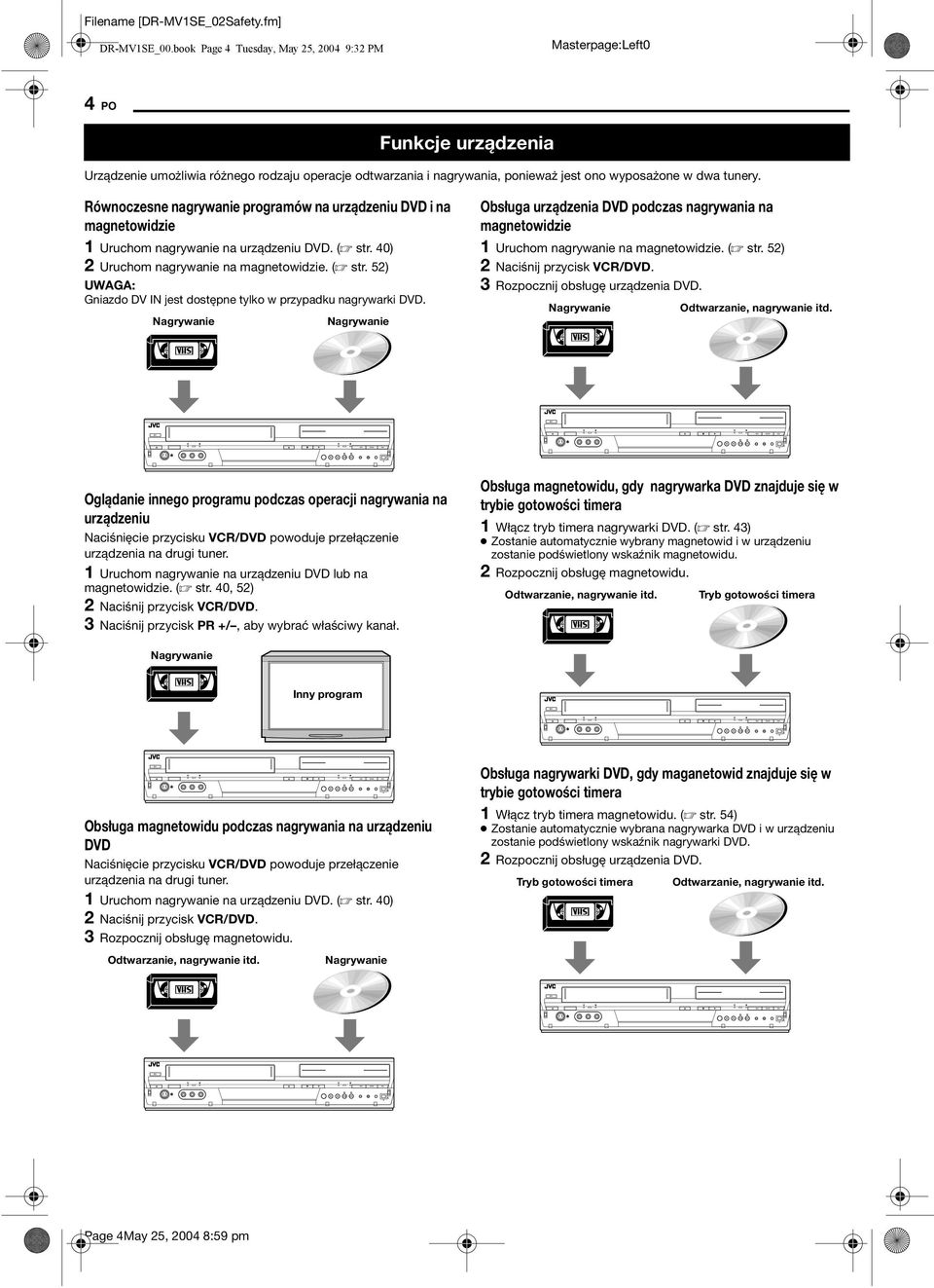 Równoczesne nagrywanie programów na urządzeniu DVD i na magnetowidzie Uruchom nagrywanie na urządzeniu DVD. ( str. 0) Uruchom nagrywanie na magnetowidzie. ( str. ) Gniazdo DV IN jest dostępne tylko w przypadku nagrywarki DVD.