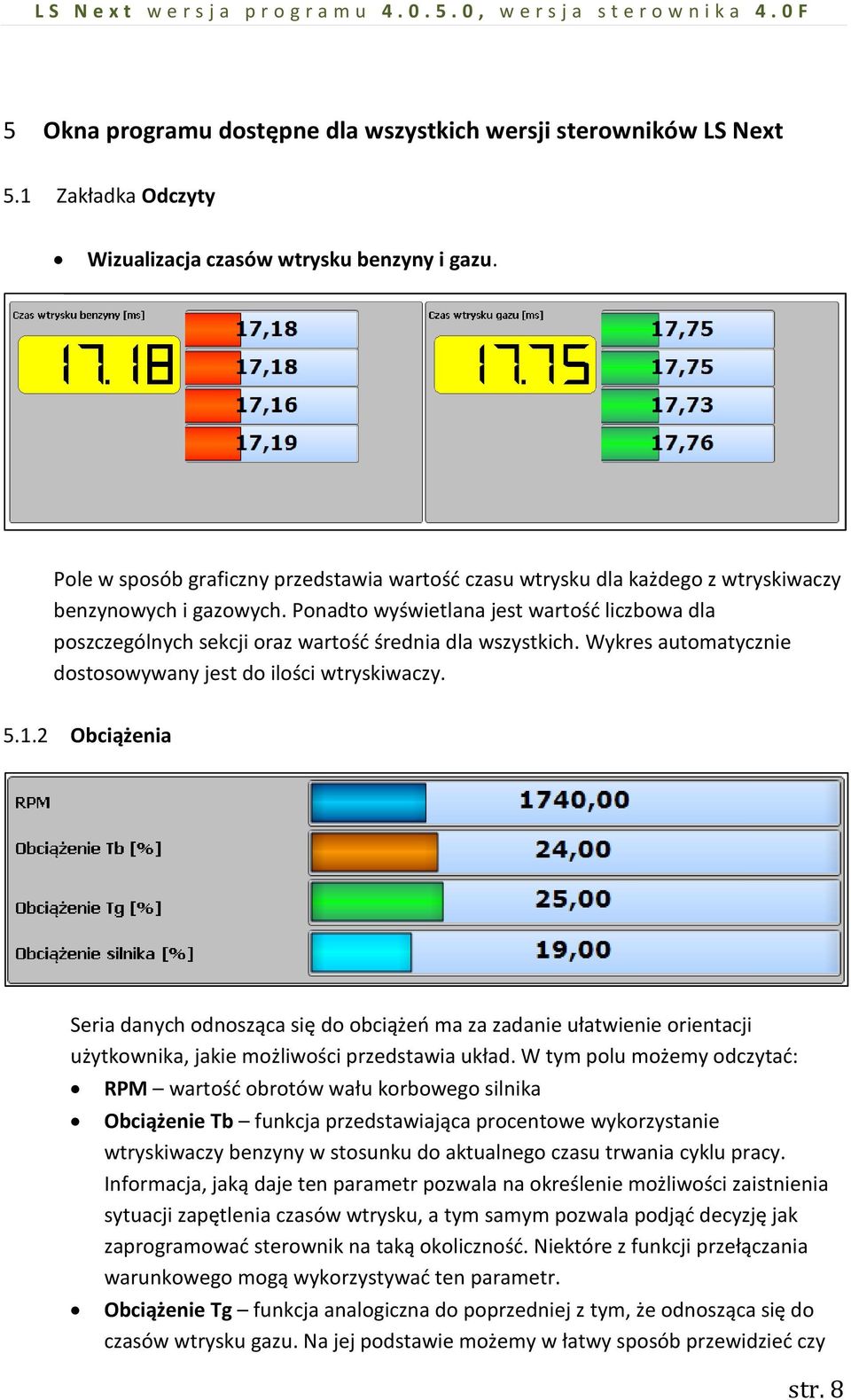 Ponadto wyświetlana jest wartość liczbowa dla poszczególnych sekcji oraz wartość średnia dla wszystkich. Wykres automatycznie dostosowywany jest do ilości wtryskiwaczy. 5.1.