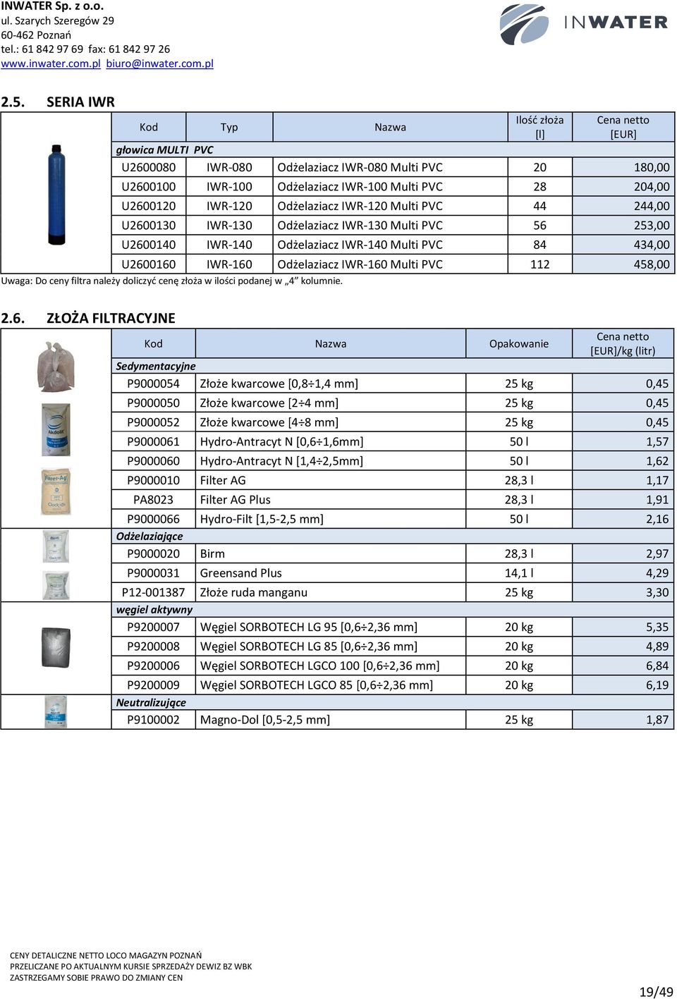 Uwaga: Do ceny filtra należy doliczyć cenę złoża w ilości podanej w 4 kolumnie. 2.6.