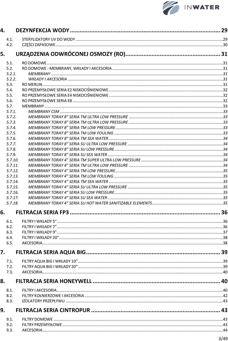 RO PRZEMYSŁOWE SERIA E8...32 5.7. MEMBRANY...33 5.7.1. MEMBRANY CSM...33 5.7.2. MEMBRANY TORAY 8 SERIA TM ULTRA LOW PRESSURE...33 5.7.3. MEMBRANY TORAY 8 SERIA TM ULTRA LOW PRESSURE...33 5.7.4.