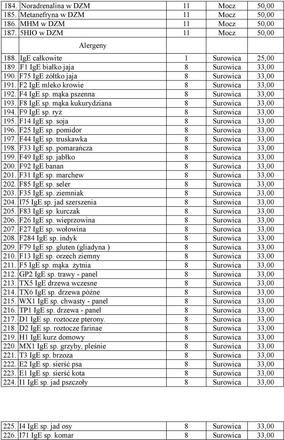 mąka kukurydziana 8 Surowica 33,00 194. F9 IgE sp. ryż 8 Surowica 33,00 195. F14 IgE sp. soja 8 Surowica 33,00 196. F25 IgE sp. pomidor 8 Surowica 33,00 197. F44 IgE sp.