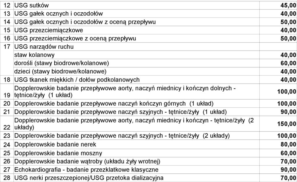 przepływowe aorty, naczyń miednicy i kończyn dolnych - 19 tętnice/żyły (1 układ) 100,00 20 Dopplerowskie badanie przepływowe naczyń kończyn górnych (1 układ) 100,00 21 Dopplerowskie badanie