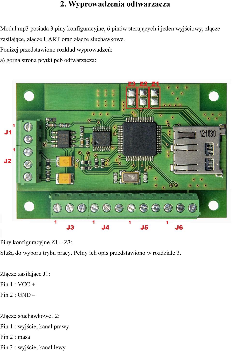 Poniżej przedstawiono rozkład wyprowadzeń: a) górna strona płytki pcb odtwarzacza: Piny konfiguracyjne Z1 Z3: Służą do