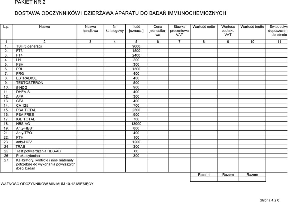 PRG 400 8. ESTRADIOL 400 9. TESTOSTERON 500 10. β-hcg 900 11. DHEA-S 400 12. AFP 300 13. CEA 400 14. CA 125 700 15. PSA TOTAL 2500 16. PSA FREE 900 17. IGE TOTAL 700 18. HBS-AG 13000 19.