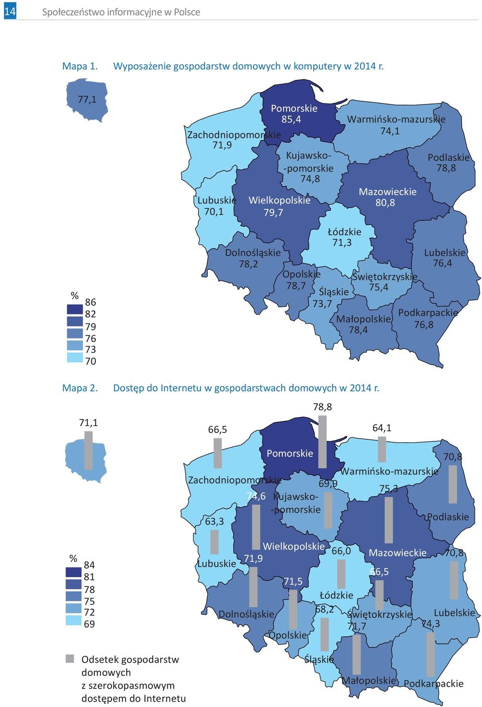 Małopolskie 78,4 Podlaskie 78,8 Lubelskie 76,4 Podkarpackie 76,8 Mapa 2. Dostęp do Internetu w gospodarstwach domowych w 2014 r.