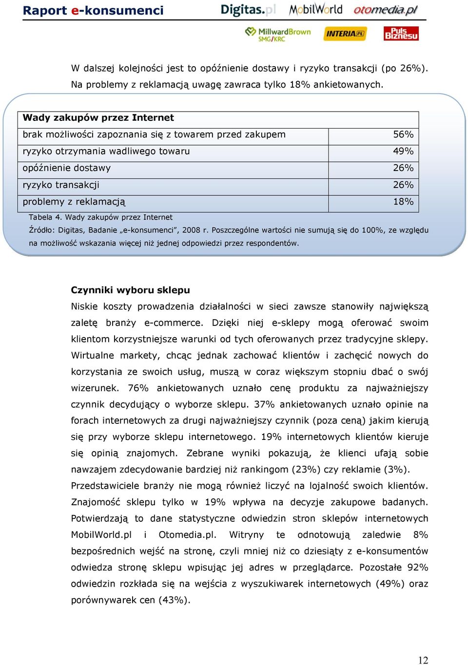 Tabela 4. Wady zakupów przez Internet Źródło: Digitas, Badanie e-konsumenci, 2008 r.