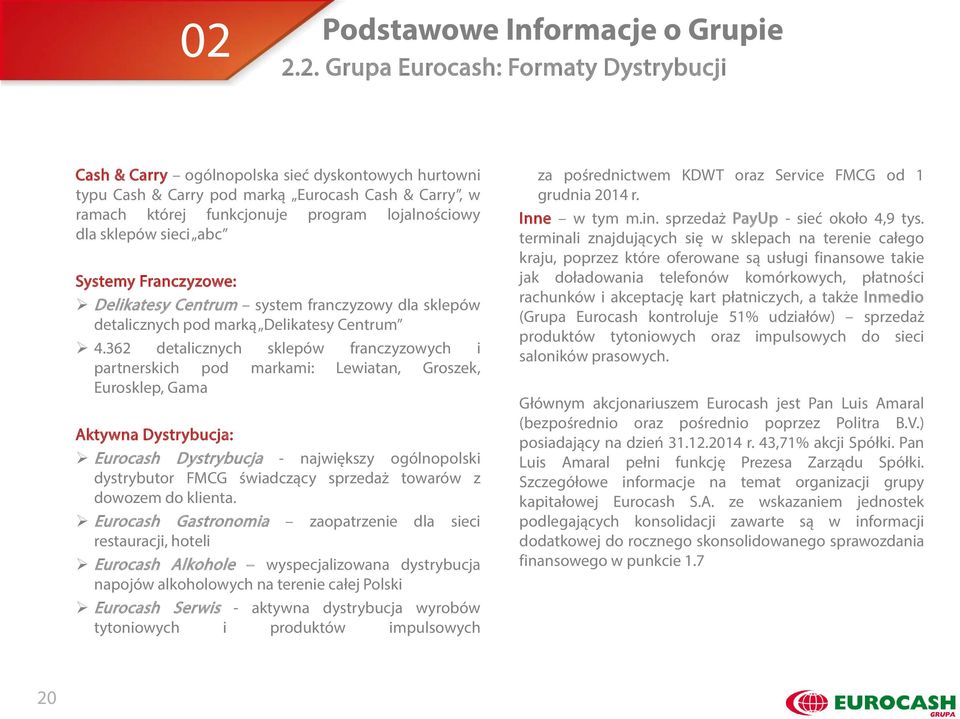 362 detalicznych sklepów franczyzowych i partnerskich pod markami: Lewiatan, Groszek, Eurosklep, Gama Aktywna Dystrybucja: Eurocash Dystrybucja - największy ogólnopolski dystrybutor FMCG świadczący