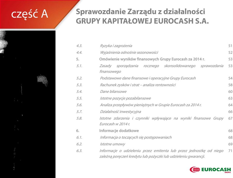 Dane bilansowe 5.5. Istotne pozycje pozabilansowe 5.6. Analiza przepływów pieniężnych w Grupie Eurocash za 2014 r. 5.7. Działalność inwestycyjna 5.8.