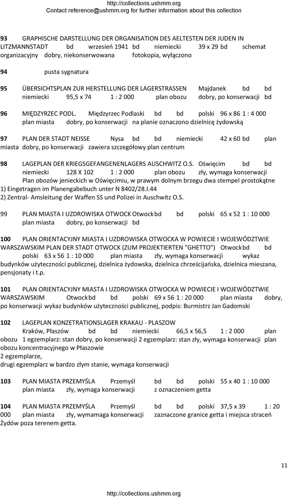 Międzyrzec Podlaski bd bd polski 96 x 86 1 : 4 000 plan miasta dobry, po konserwacji na planie oznaczono dzielnicę żydowską 97 PLAN DER STADT NEISSE Nysa bd bd niemiecki 42 x 60 bd plan miasta dobry,