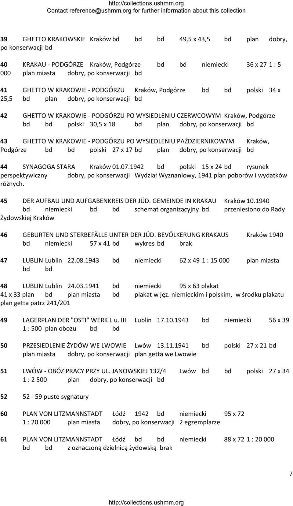 dobry, po konserwacji bd 43 GHETTO W KRAKOWIE PODGÓRZU PO WYSIEDLENIU PAŹDZIERNIKOWYM Kraków, Podgórze bd bd polski 27 x 17 bd plan dobry, po konserwacji bd 44 SYNAGOGA STARA Kraków 01.07.