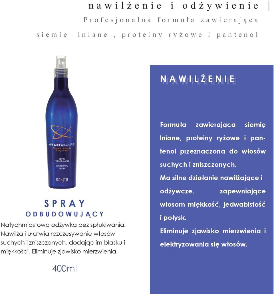 Ma silne działanie nawilżające i SPRAY ODBUDOWUJĄCY Natychmiastowa odżywka bez spłukiwania.