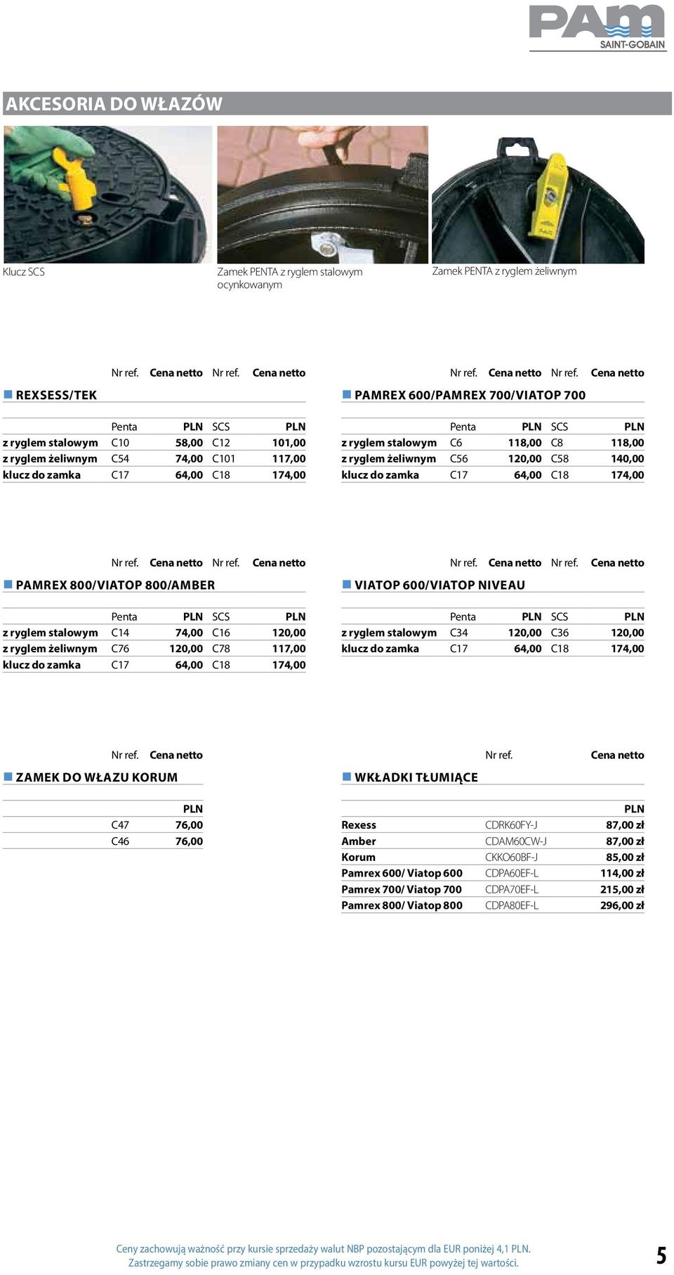 Cena netto PAMREX 600/PAMREX 700/VIATOP 700 Penta PLN SCS PLN z ryglem stalowym C10 58,00 C12 101,00 z ryglem żeliwnym C54 74,00 C101 117,00 klucz do zamka C17 64,00 C18 174,00 Penta PLN SCS PLN z