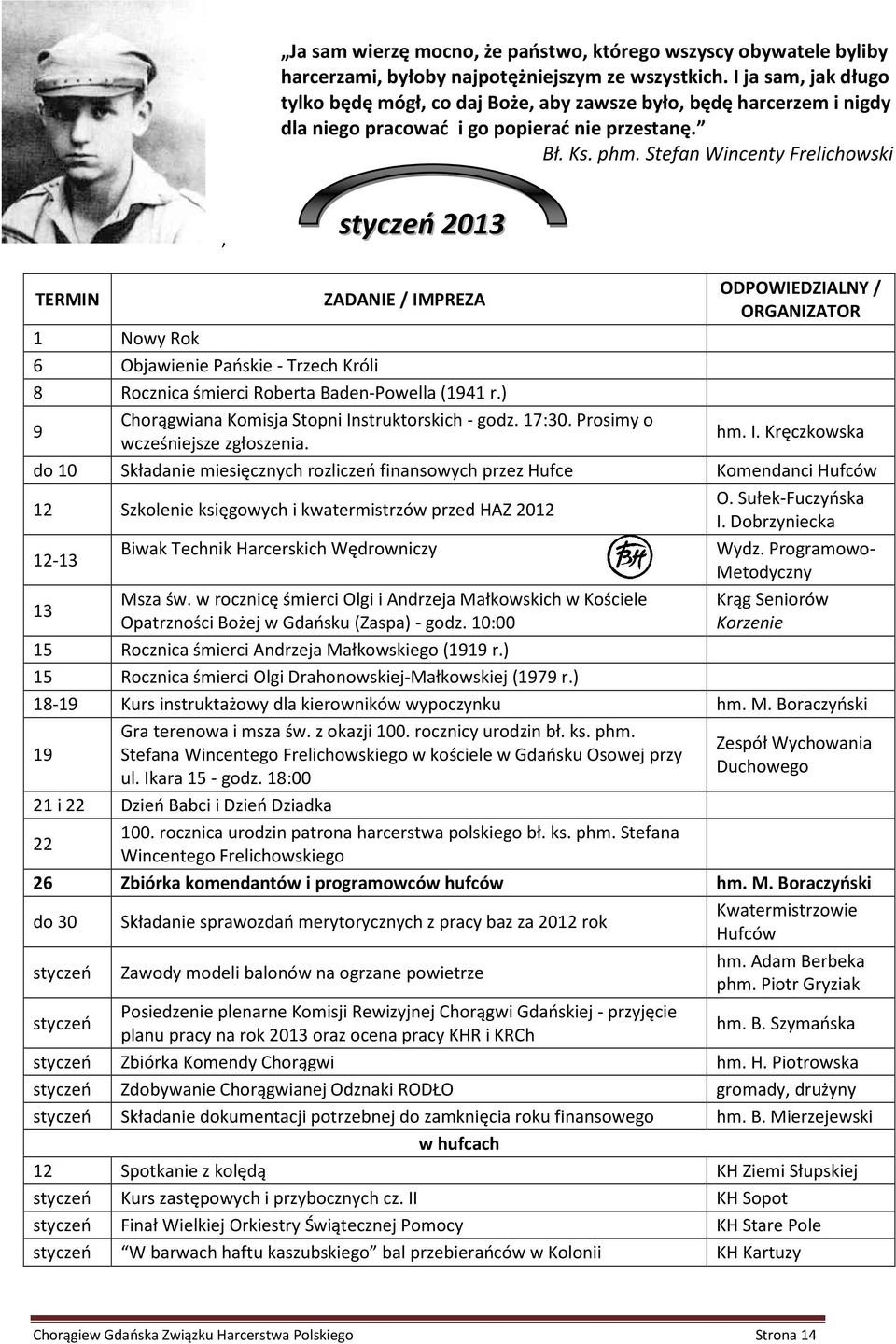 Stefan Wincenty Frelichowski, styczeń 2013 TERMIN ZADANIE / IMPREZA ODPOWIEDZIALNY / ORGANIZATOR 1 Nowy Rok 6 Objawienie Pańskie - Trzech Króli 8 Rocznica śmierci Roberta Baden-Powella (1941 r.