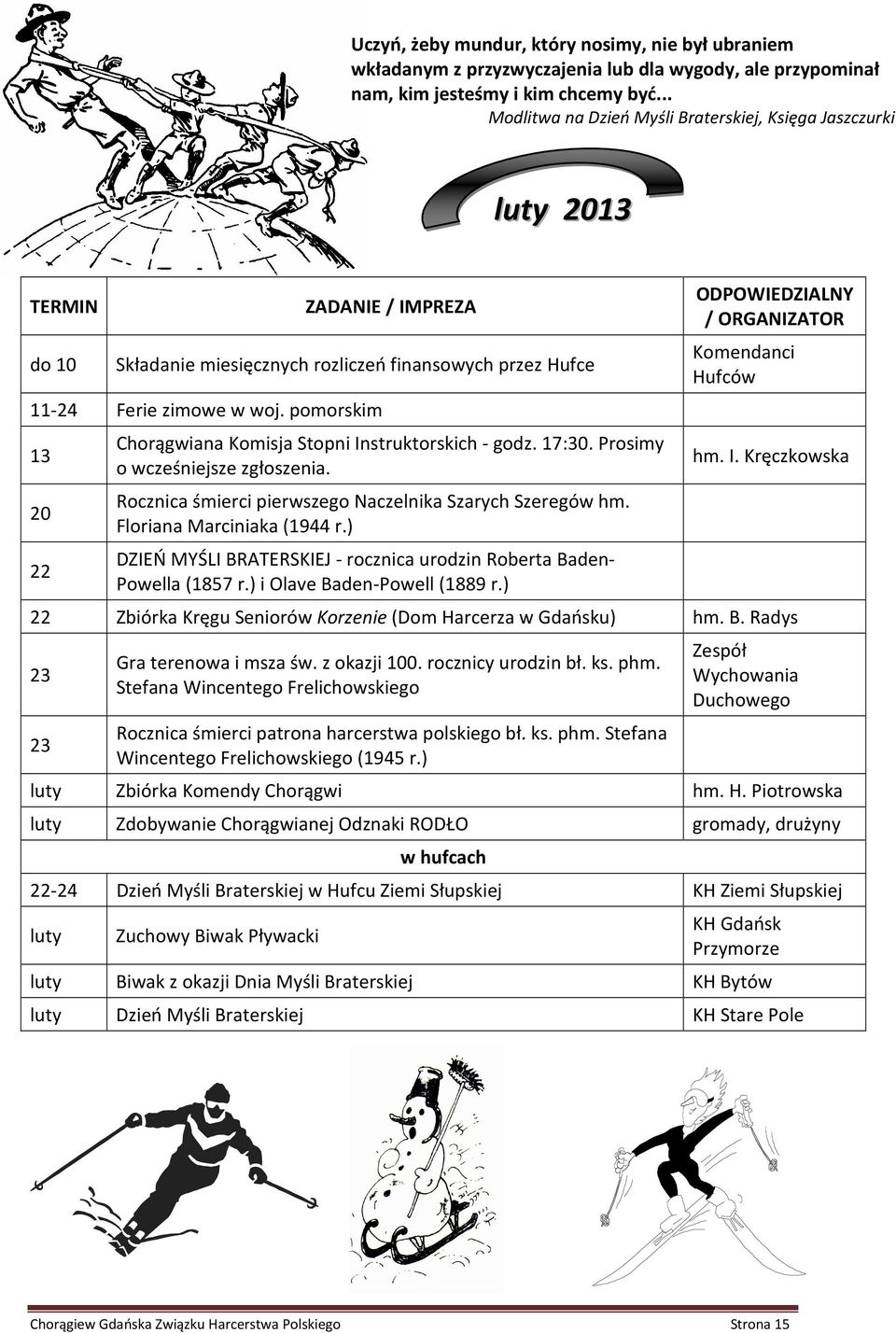 pomorskim 13 20 22 Chorągwiana Komisja Stopni Instruktorskich - godz. 17:30. Prosimy o wcześniejsze zgłoszenia. Rocznica śmierci pierwszego Naczelnika Szarych Szeregów hm. Floriana Marciniaka (1944 r.