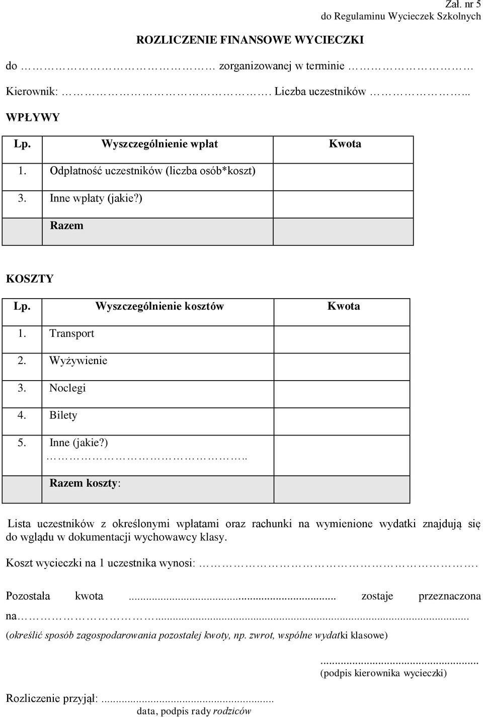 3. Inne wpłaty (jakie?) Razem KOSZTY Lp. Wyszczególnienie kosztów Kwota 1. Transport 2. Wyżywienie 3. Noclegi 4. Bilety 5. Inne (jakie?).. Razem koszty: Lista uczestników z określonymi wpłatami oraz rachunki na wymienione wydatki znajdują się do wglądu w dokumentacji wychowawcy klasy.