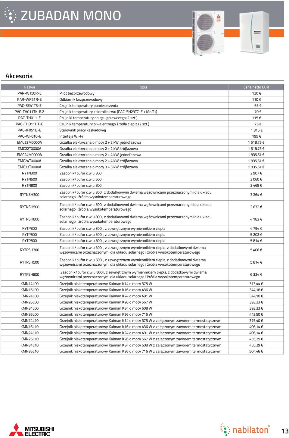 ) 75 PAC-IF051B-E Sterownik pracy kaskadowej 1 315 PAC-WF010-E Interfejs Wi-Fi 195 EMC22M0000A Grzałka elektryczna o mocy 2 + 2 kw, jednofazowa 1 518,75 EMC22T0000A Grzałka elektryczna o mocy 2 + 2