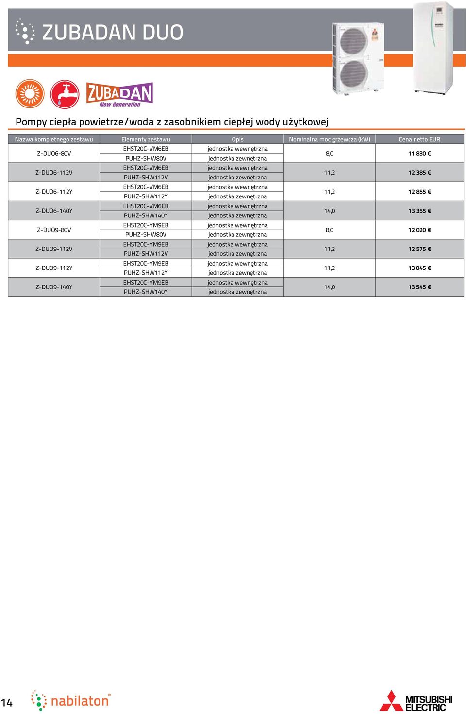 EHST20C-VM6EB PUHZ-SHW112Y 11,2 12 855 Z-DUO6-140Y EHST20C-VM6EB PUHZ-SHW140Y 14,0 13 355 Z-DUO9-80V EHST20C-YM9EB PUHZ-SHW80V 8,0 12 020