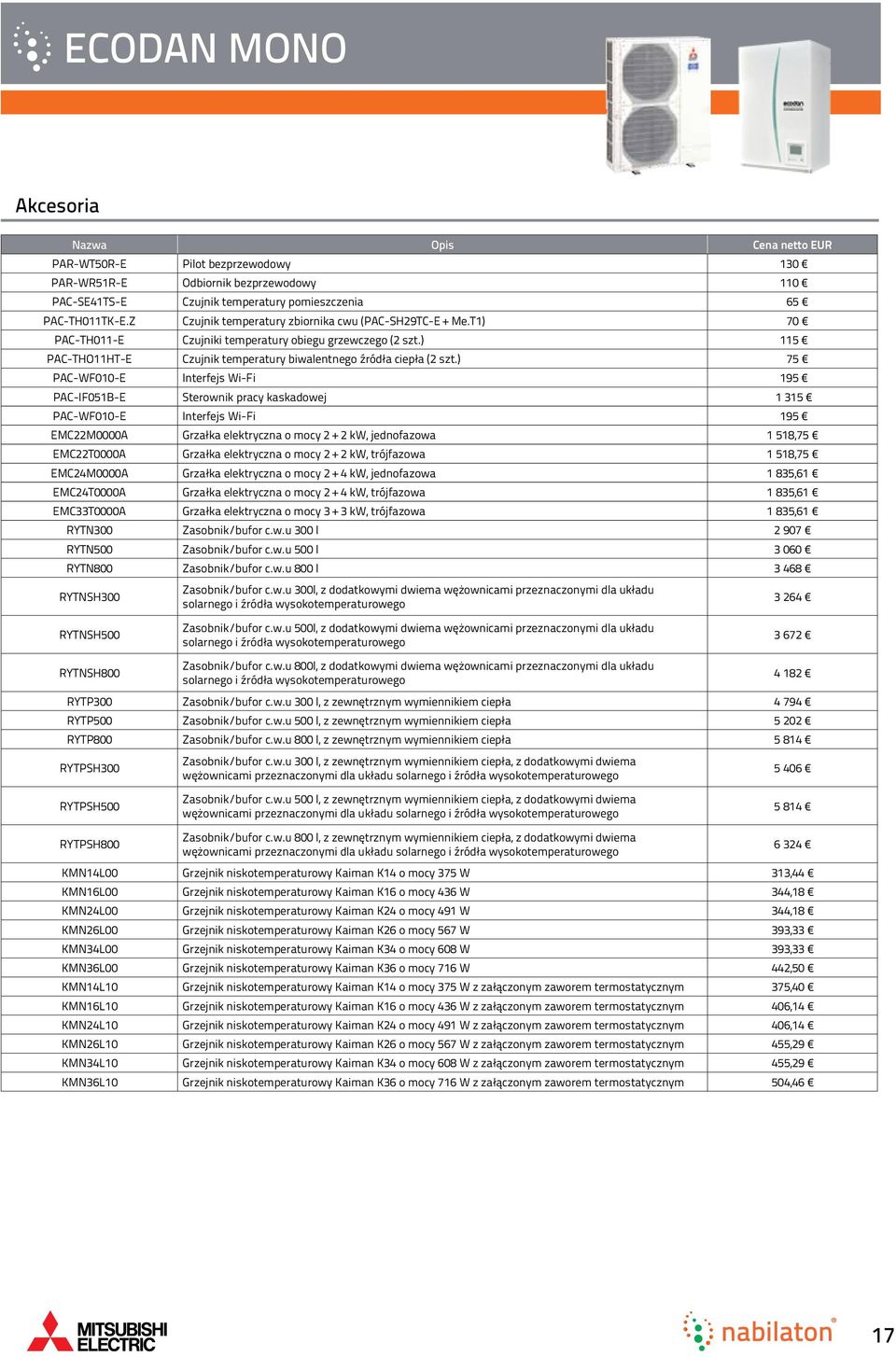 ) 75 PAC-WF010-E Interfejs Wi-Fi 195 PAC-IF051B-E Sterownik pracy kaskadowej 1 315 PAC-WF010-E Interfejs Wi-Fi 195 EMC22M0000A Grzałka elektryczna o mocy 2 + 2 kw, jednofazowa 1 518,75 EMC22T0000A