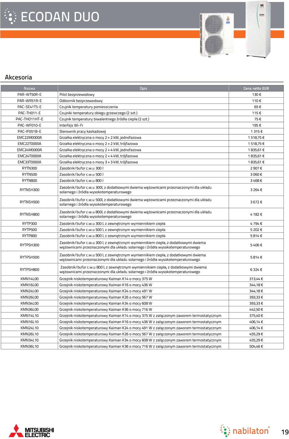 ) 75 PAC-WF010-E Interfejs Wi-Fi 195 PAC-IF051B-E Sterownik pracy kaskadowej 1 315 EMC22M0000A Grzałka elektryczna o mocy 2 + 2 kw, jednofazowa 1 518,75 EMC22T0000A Grzałka elektryczna o mocy 2 + 2