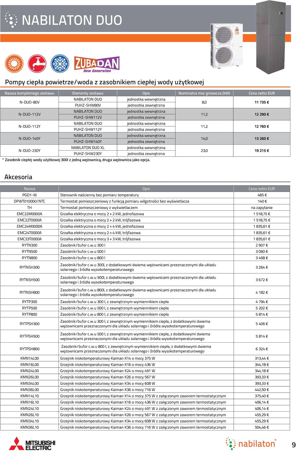 XL PUHZ-SHW230Y 23,0 19 215 * Zasobnik ciepłej wody użytkowej 300l z jedną wężownicą, druga wężownica jako opcja.