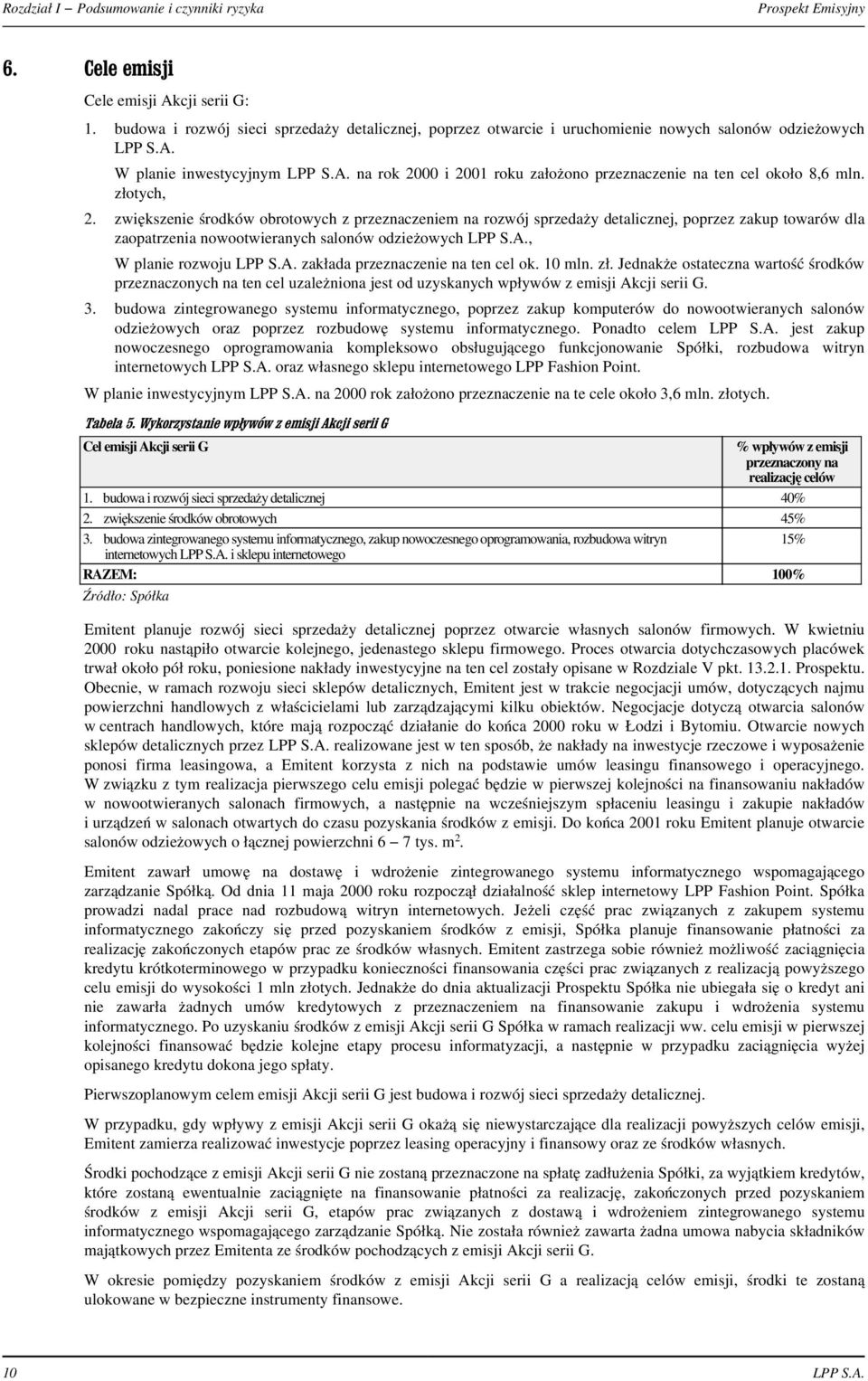 z³otych, 2. zwiêkszenie œrodków obrotowych z przeznaczeniem na rozwój sprzeda y detalicznej, poprzez zakup towarów dla zaopatrzenia nowootwieranych salonów odzie owych LPP S.A.