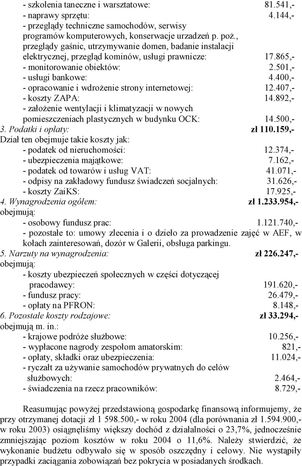 400,- - opracowanie i wdrożenie strony internetowej: 12.407,- - koszty ZAPA: 14.892,- - założenie wentylacji i klimatyzacji w nowych pomieszczeniach plastycznych w budynku OCK: 14.500,- 3.