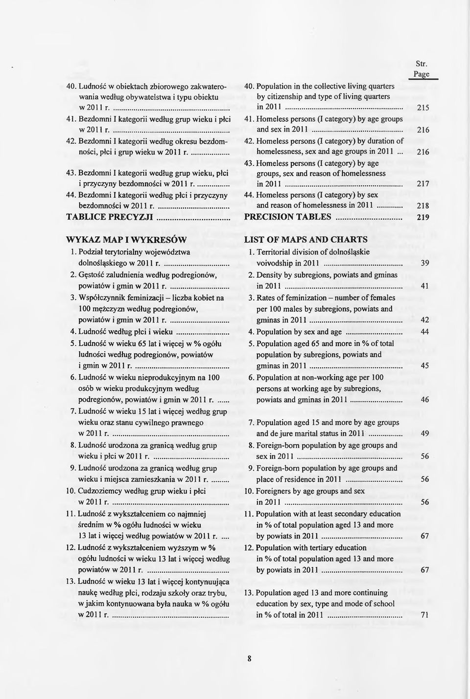 Bezdomni I kategorii według płci i przyczyny bezdomności w 2011 r... TABLICE PRECYZJI... WYKAZ MAP I WYKRESÓW 1. Podział terytorialny województwa dolnośląskiego w 2011 r... 2. Gęstość zaludnienia według podregionów, powiatów i gmin w 2011 r.