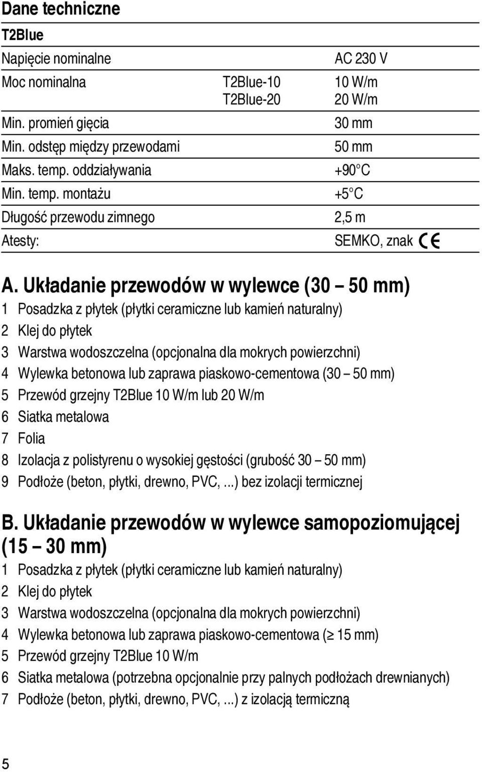 Układanie przewodów w wylewce (30 50 mm) 1 Posadzka z płytek (płytki ceramiczne lub kamień naturalny) 2 Klej do płytek 3 Warstwa wodoszczelna (opcjonalna dla mokrych powierzchni) 4 Wylewka betonowa