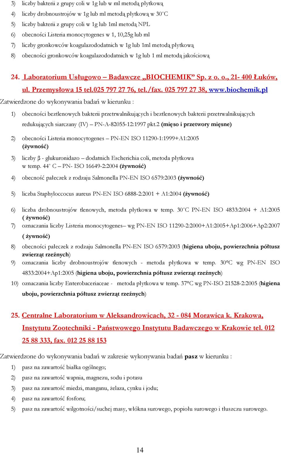 Laboratorium Usługowo Badawcze BIOCHEMIK Sp. z o. o., 21-400 Łuków, ul. Przemysłowa 15 tel.025 797 27 76, tel./fax. 025 797 27 38, www.biochemik.