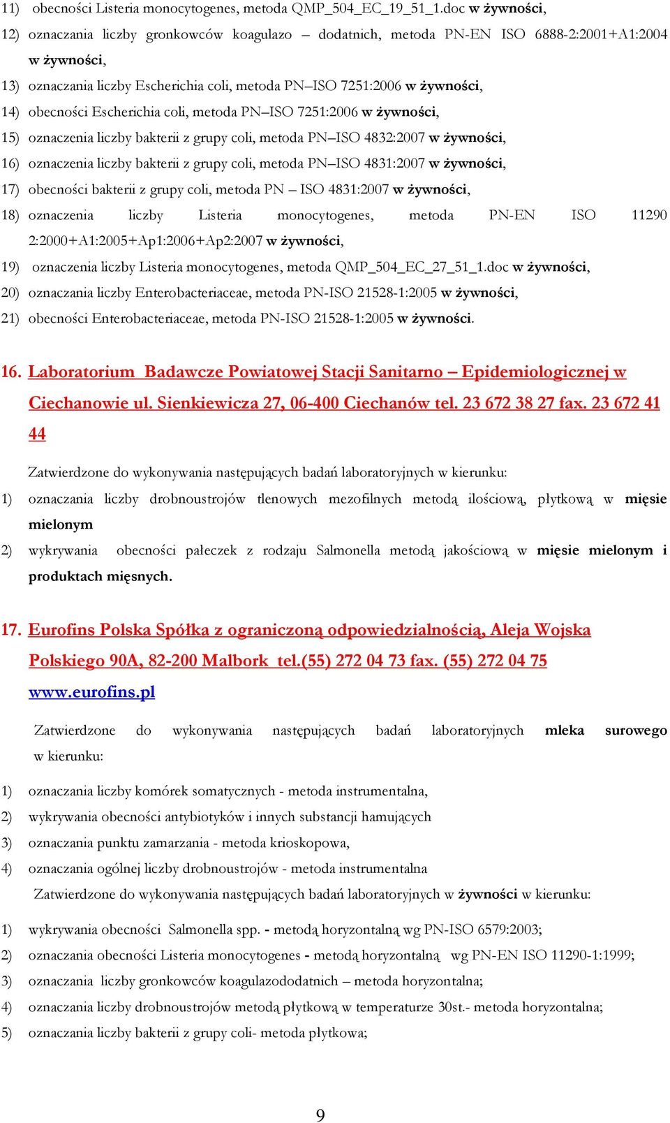 obecności Escherichia coli, metoda PN ISO 7251:2006 w Ŝywności, 15) oznaczenia liczby bakterii z grupy coli, metoda PN ISO 4832:2007 w Ŝywności, 16) oznaczenia liczby bakterii z grupy coli, metoda PN