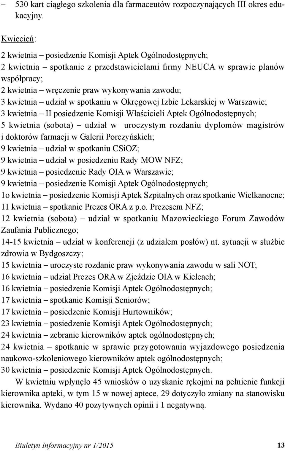 kwietnia udział w spotkaniu w Okręgowej Izbie Lekarskiej w Warszawie; 3 kwietnia II posiedzenie Komisji Właścicieli Aptek Ogólnodostępnych; 5 kwietnia (sobota) udział w uroczystym rozdaniu dyplomów