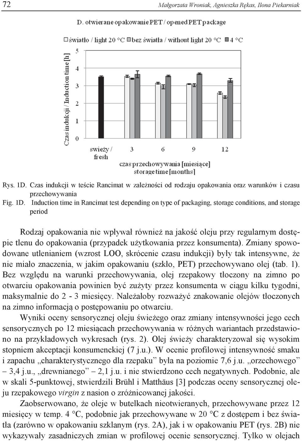 Induction time in Rancimat test depending on type of packaging, storage conditions, and storage period Rodzaj opakowania nie wpływał również na jakość oleju przy regularnym dostępie tlenu do