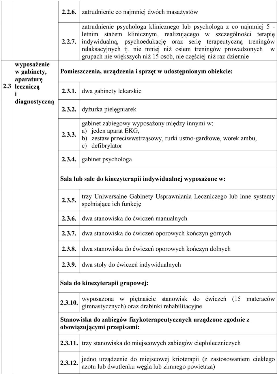 relaksacyjnych tj. nie mniej niż osiem treningów prowadzonych w grupach nie większych niż 15 osób, nie częściej niż raz dziennie Pomieszczenia, urządzenia i sprzęt w udostępnionym obiekcie: 2.3.1. dwa gabinety lekarskie 2.