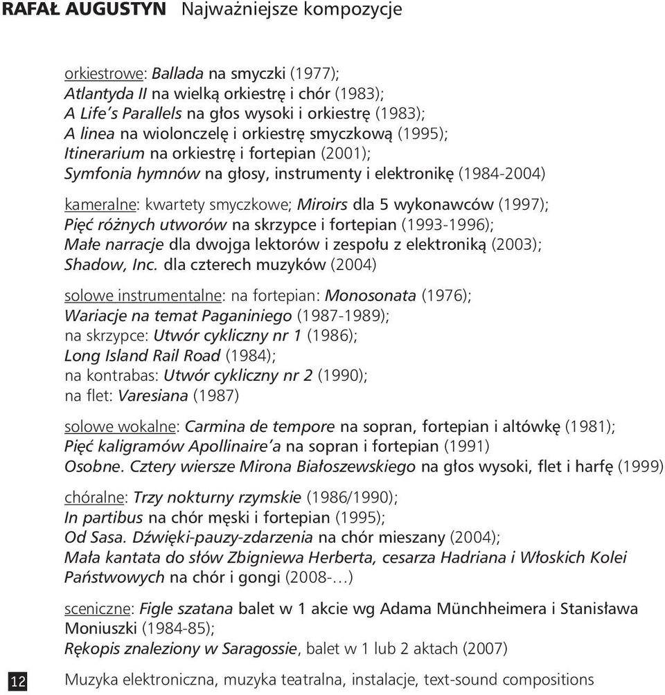 wykonawców (1997); Pięć różnych utworów na skrzypce i fortepian (1993-1996); Małe narracje dla dwojga lektorów i zespołu z elektroniką (2003); Shadow, Inc.