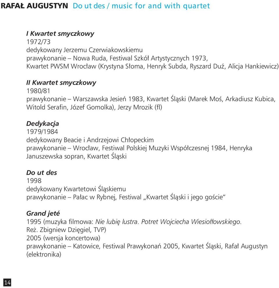 Gomolka), Jerzy Mrozik (fl) Dedykacja 1979/1984 dedykowany Beacie i Andrzejowi Chłopeckim prawykonanie Wrocław, Festiwal Polskiej Muzyki Współczesnej 1984, Henryka Januszewska sopran, Kwartet Śląski