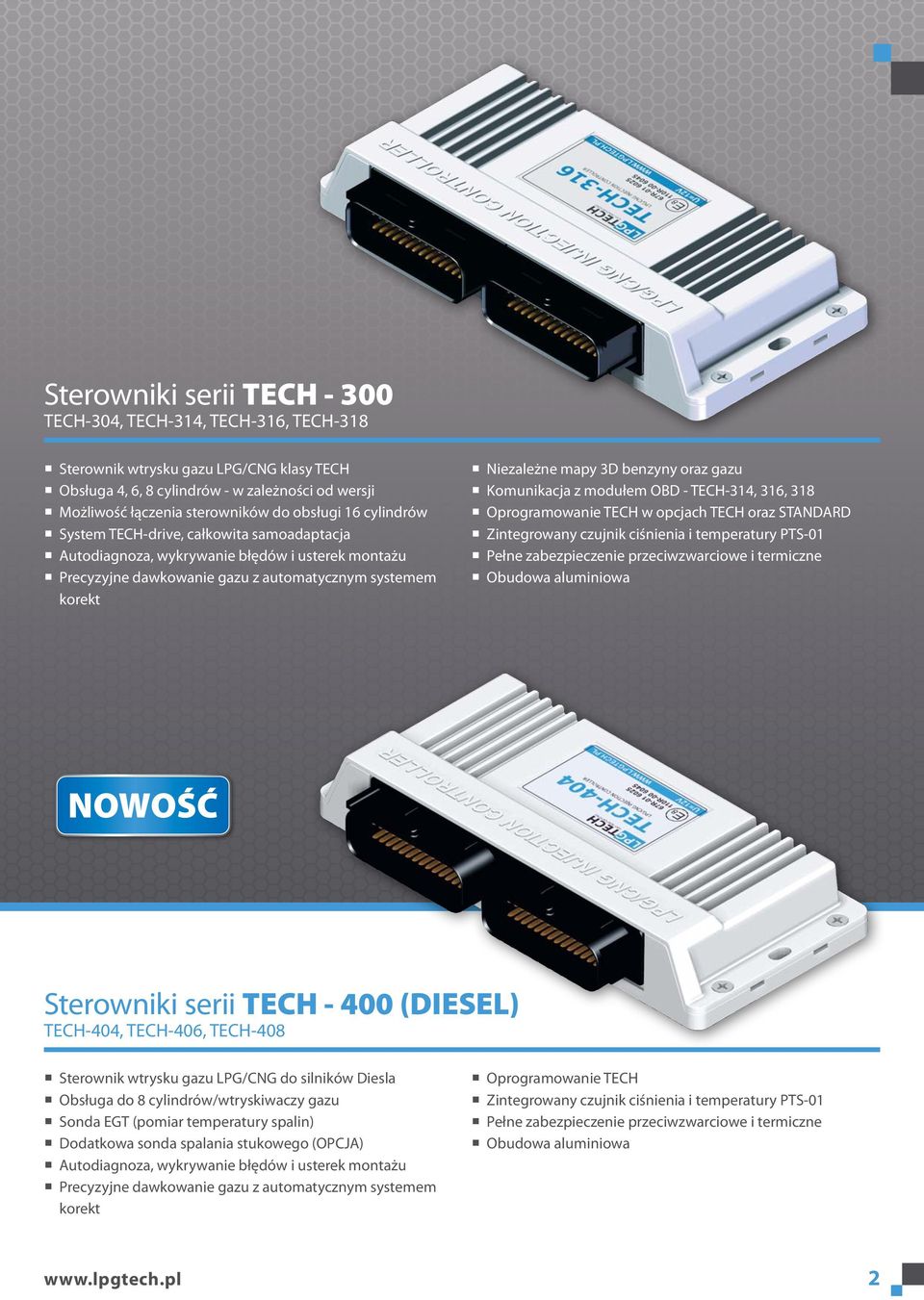 316, 318 Oprogramowanie TECH w opcjach TECH oraz STANDARD Zintegrowany czujnik ciśnienia i temperatury PTS-01 Pełne zabezpieczenie przeciwzwarciowe i termiczne Obudowa aluminiowa Sterowniki serii