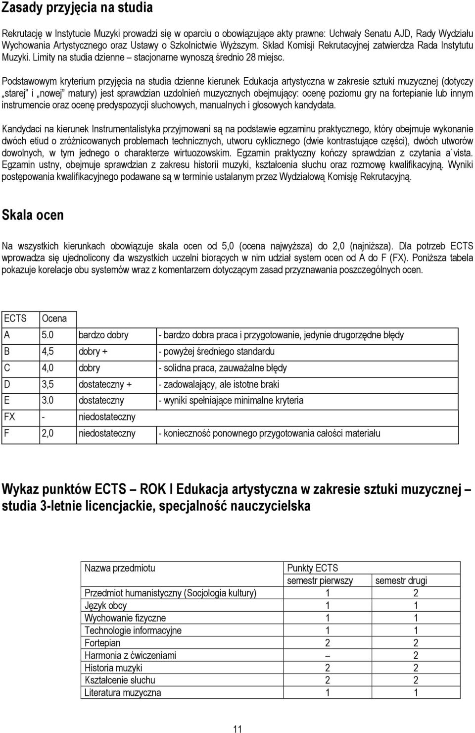 Podstawowym kryterium przyjęcia na studia dzienne kierunek Edukacja artystyczna w zakresie sztuki muzycznej (dotyczy starej i nowej matury) jest sprawdzian uzdolnień muzycznych obejmujący: ocenę